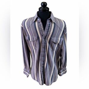Wrangler Men’s Blue & Cream Striped Button-Down Shirt | Western Casual